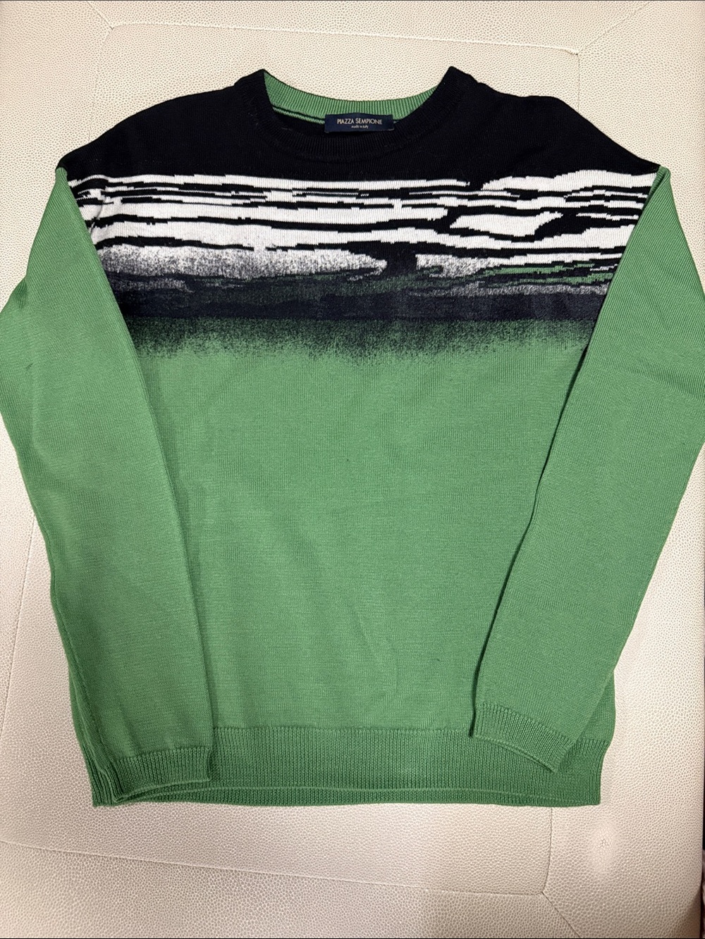 Piazza Sempione Green Crewneck Sweater with Black & White Pattern